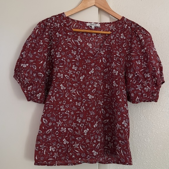 Madewell Red Floral Puff Sleeve V Neck Cotton Blouse Top Size XS - Picture 9 of 12